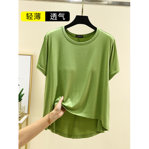 夏季大碼圓領胸墊上衣薄款莫代爾免文胸家居服外穿百搭短袖T恤衫