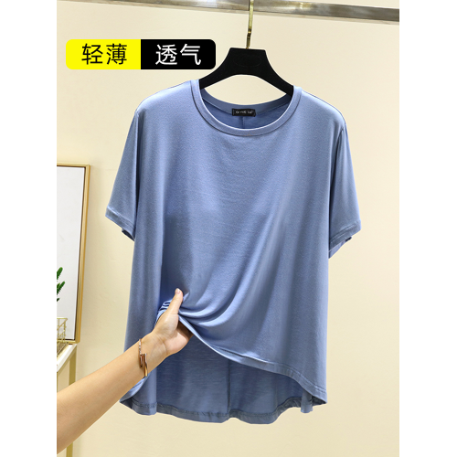 夏季大碼圓領胸墊上衣薄款莫代爾免文胸家居服外穿百搭短袖T恤衫