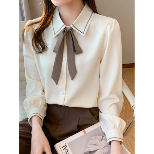 高級感雪紡襯衫女春裝2025新款職業正裝面試襯衣飄帶領結長袖上衣