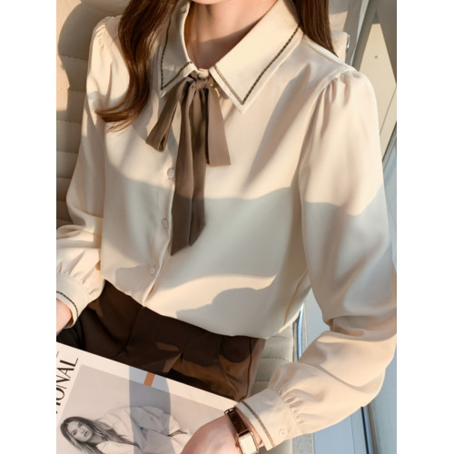 高級感雪紡襯衫女春裝2025新款職業正裝面試襯衣飄帶領結長袖上衣