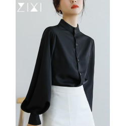黑色襯衫女高級感2025早秋新款燈籠袖超好看立領搭馬面裙襯衣上衣