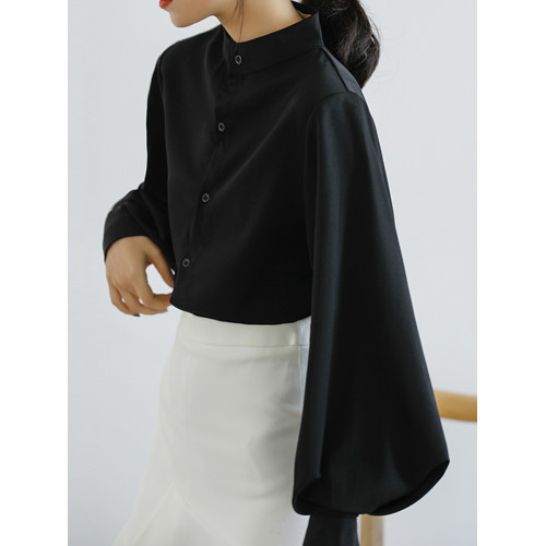 黑色襯衫女高級感2025早秋新款燈籠袖超好看立領搭馬面裙襯衣上衣