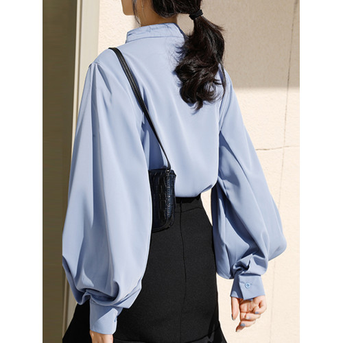 黑色襯衫女高級感2025早秋新款燈籠袖超好看立領搭馬面裙襯衣上衣