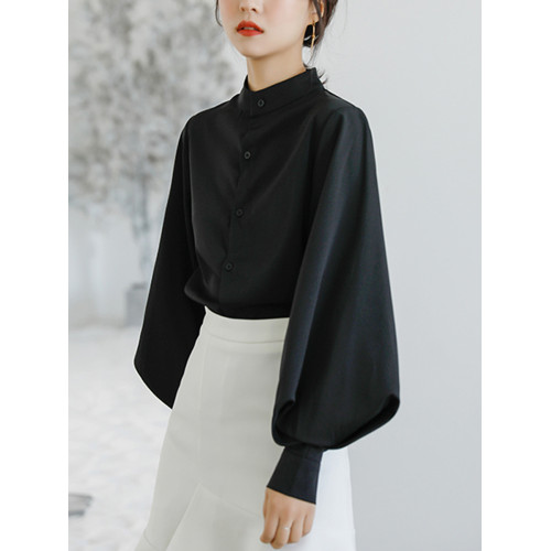 黑色襯衫女高級感2025早秋新款燈籠袖超好看立領搭馬面裙襯衣上衣