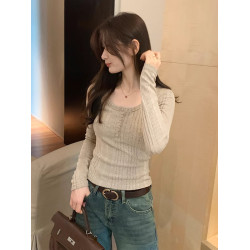 拉夏貝爾韓系u領針織長袖t恤女2025新款秋冬季修身內搭打底衫上衣