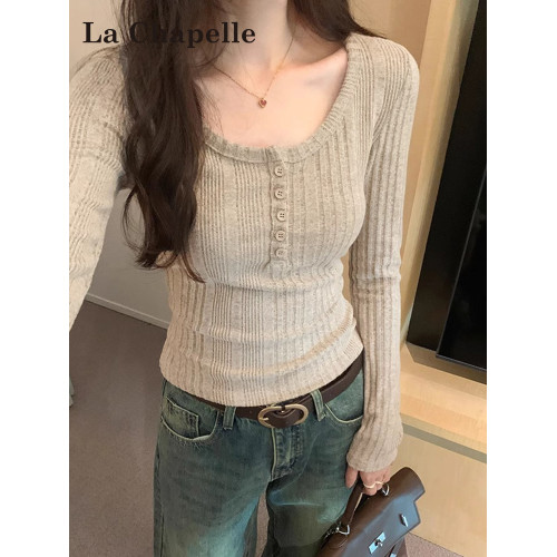 拉夏貝爾韓系u領針織長袖t恤女2025新款秋冬季修身內搭打底衫上衣