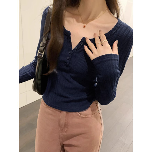 拉夏貝爾韓系u領針織長袖t恤女2025新款秋冬季修身內搭打底衫上衣