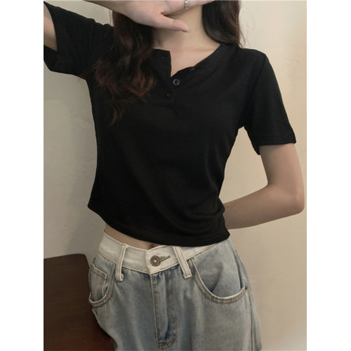 花灰色高級感正肩短袖t恤女夏季棉質半開領小衫辣妹顯瘦短款上衣