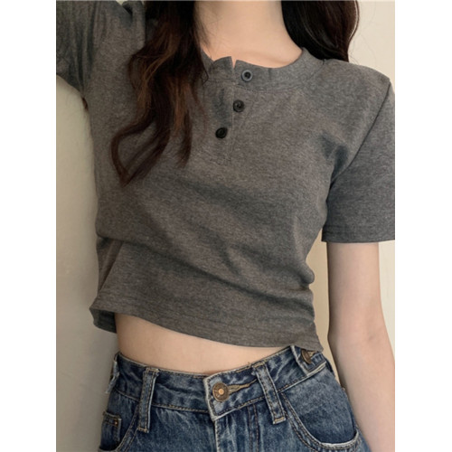 花灰色高級感正肩短袖t恤女夏季棉質半開領小衫辣妹顯瘦短款上衣