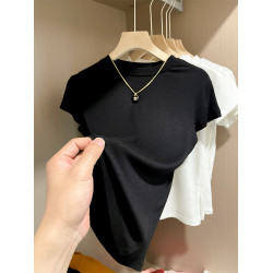 2025早春新款短袖t恤女正肩白色夏季半高領上衣服修身體恤打底衫