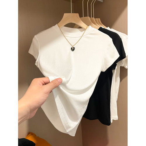 2025早春新款短袖t恤女正肩白色夏季半高領上衣服修身體恤打底衫 2025早春新款短袖t恤女正肩白色夏季半高領上衣服修身體恤打底衫
