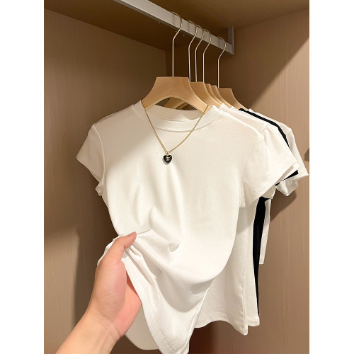 2025早春新款短袖t恤女正肩白色夏季半高領上衣服修身體恤打底衫 2025早春新款短袖t恤女正肩白色夏季半高領上衣服修身體恤打底衫