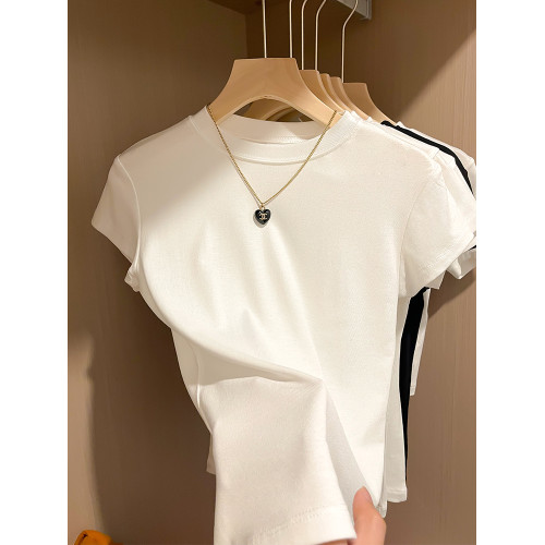 2025早春新款短袖t恤女正肩白色夏季半高領上衣服修身體恤打底衫 2025早春新款短袖t恤女正肩白色夏季半高領上衣服修身體恤打底衫