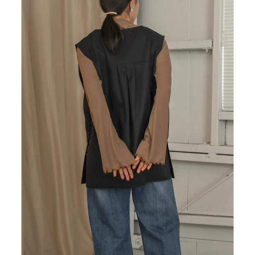 ins秋季新款設計感微喇叭袖小高領透視上衣T恤女木耳邊打底衫