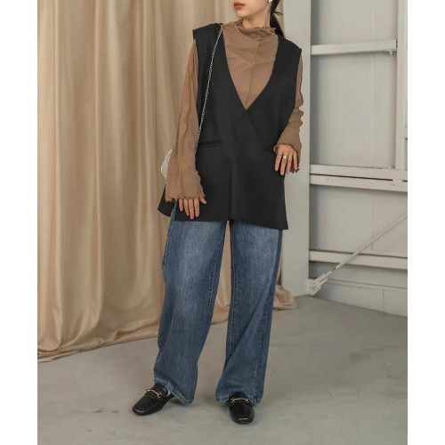 ins秋季新款設計感微喇叭袖小高領透視上衣T恤女木耳邊打底衫