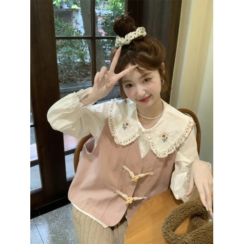 大碼設計感甜美學院風娃娃領襯衫女襯衣胖mm2-300斤秋季寬松上衣