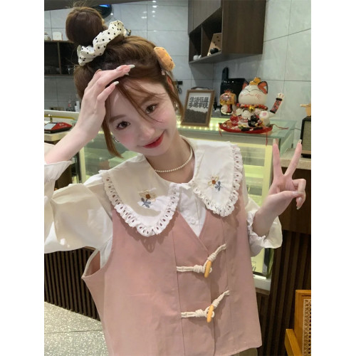 大碼設計感甜美學院風娃娃領襯衫女襯衣胖mm2-300斤秋季寬松上衣