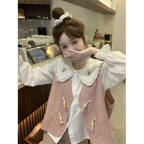 大碼設計感甜美學院風娃娃領襯衫女襯衣胖mm2-300斤秋季寬松上衣