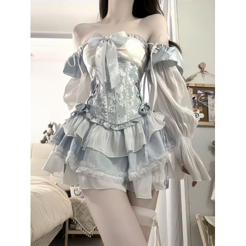 純欲風甜辣一字肩抹胸魚骨收腰連衣裙夏季長袖超仙裙子公主蛋糕裙