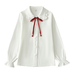 日系JK甜美文藝小清新娃娃領長袖木耳邊加絨加厚保暖襯衫女打底衫