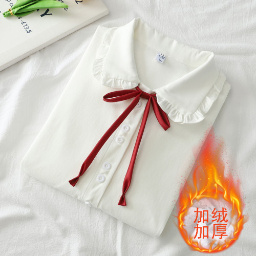 日系JK甜美文藝小清新娃娃領長袖木耳邊加絨加厚保暖襯衫女打底衫