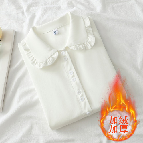 日系JK甜美文藝小清新娃娃領長袖木耳邊加絨加厚保暖襯衫女打底衫