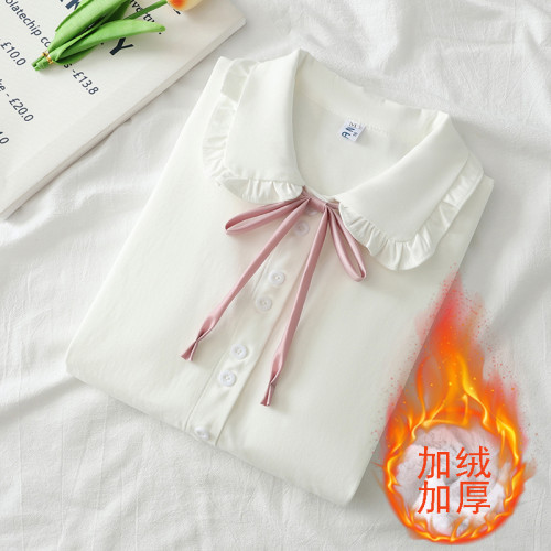 日系JK甜美文藝小清新娃娃領長袖木耳邊加絨加厚保暖襯衫女打底衫