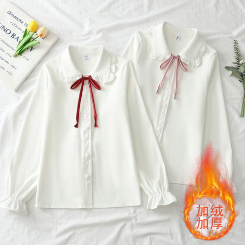 日系JK甜美文藝小清新娃娃領長袖木耳邊加絨加厚保暖襯衫女打底衫