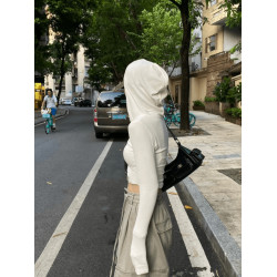 2025新款修身顯瘦白色連帽長袖T恤女秋季辣妹氣質短款打底衫上衣