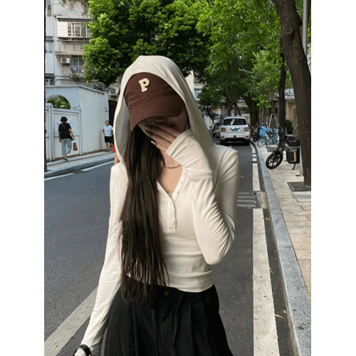 2025新款修身顯瘦白色連帽長袖T恤女秋季辣妹氣質短款打底衫上衣
