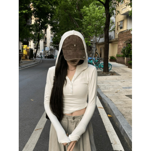 2025新款修身顯瘦白色連帽長袖T恤女秋季辣妹氣質短款打底衫上衣