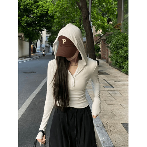 2025新款修身顯瘦白色連帽長袖T恤女秋季辣妹氣質短款打底衫上衣