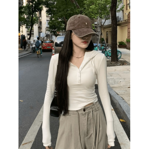 2025新款修身顯瘦白色連帽長袖T恤女秋季辣妹氣質短款打底衫上衣