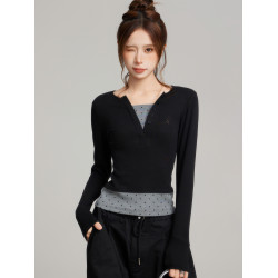 黑色正肩假兩件修身針織長袖t恤女秋冬季內搭打底衫短款波點上衣