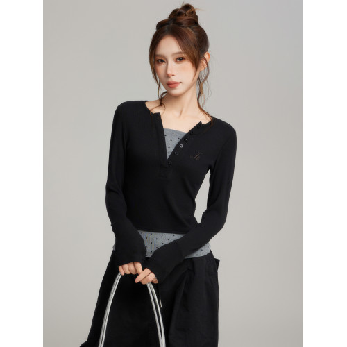 黑色正肩假兩件修身針織長袖t恤女秋冬季內搭打底衫短款波點上衣