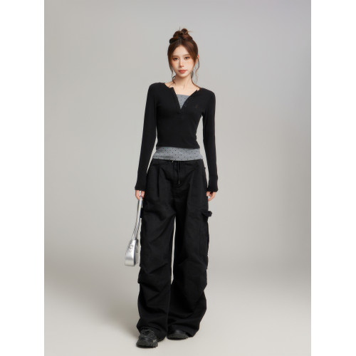 黑色正肩假兩件修身針織長袖t恤女秋冬季內搭打底衫短款波點上衣