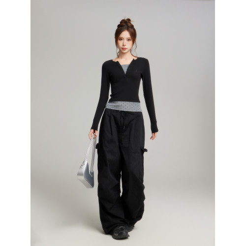 黑色正肩假兩件修身針織長袖t恤女秋冬季內搭打底衫短款波點上衣