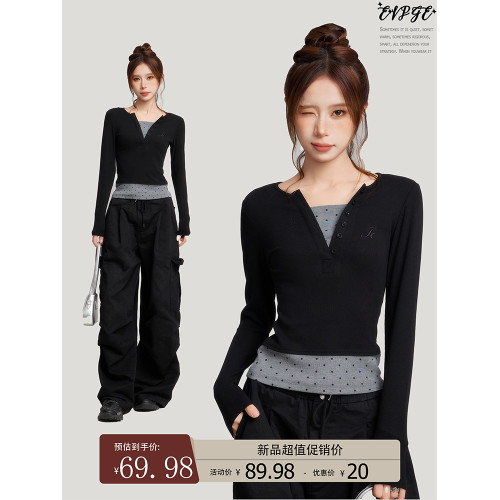 黑色正肩假兩件修身針織長袖t恤女秋冬季內搭打底衫短款波點上衣