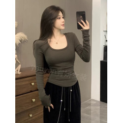 大碼胖mm純色磨毛內搭U領修身長袖T恤女秋冬甜辣妹褶皺打底衫上衣