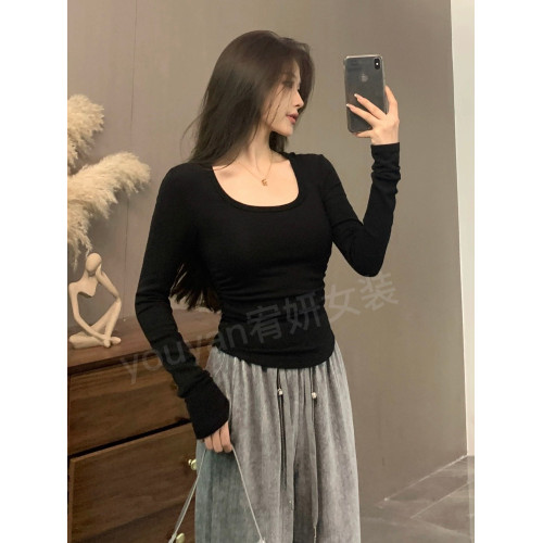 大碼胖mm純色磨毛內搭U領修身長袖T恤女秋冬甜辣妹褶皺打底衫上衣