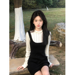 法式赫本風套裝黑色背心連衣裙女秋冬白色內搭毛衣針織上衣兩件套