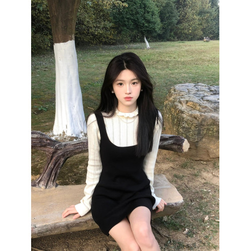 法式赫本風套裝黑色背心連衣裙女秋冬白色內搭毛衣針織上衣兩件套