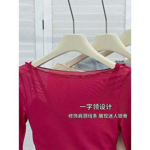 上身秒好看朦朧假兩件網紗瑜珈服女 帶胸墊運動T恤短款健身服長袖