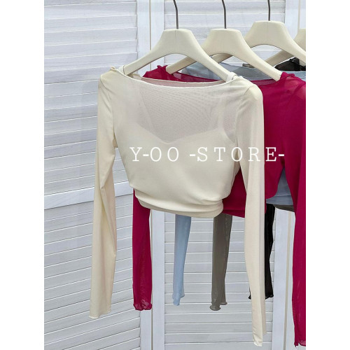 上身秒好看朦朧假兩件網紗瑜珈服女 帶胸墊運動T恤短款健身服長袖