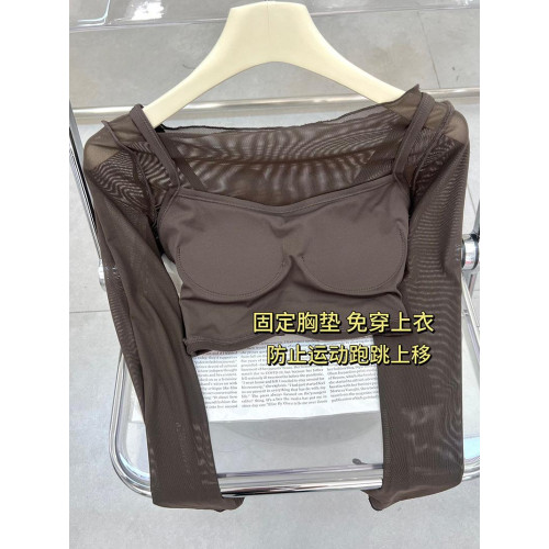 上身秒好看朦朧假兩件網紗瑜珈服女 帶胸墊運動T恤短款健身服長袖