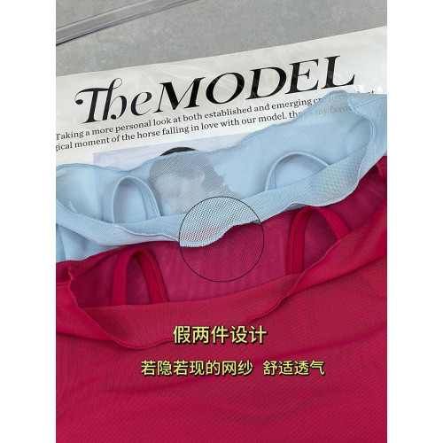 上身秒好看朦朧假兩件網紗瑜珈服女 帶胸墊運動T恤短款健身服長袖