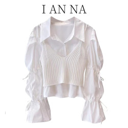 法式白色喇叭袖短款上衣秋冬2023新款女設計感小衆吊帶襯衫兩件套