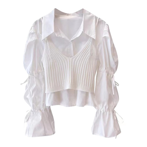 法式白色喇叭袖短款上衣秋冬2023新款女設計感小衆吊帶襯衫兩件套