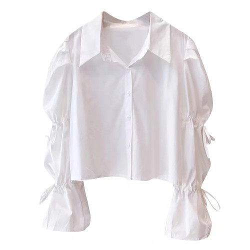 法式白色喇叭袖短款上衣秋冬2023新款女設計感小衆吊帶襯衫兩件套