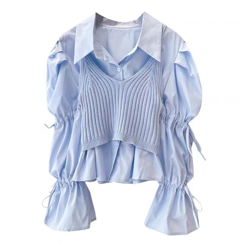 法式白色喇叭袖短款上衣秋冬2023新款女設計感小衆吊帶襯衫兩件套